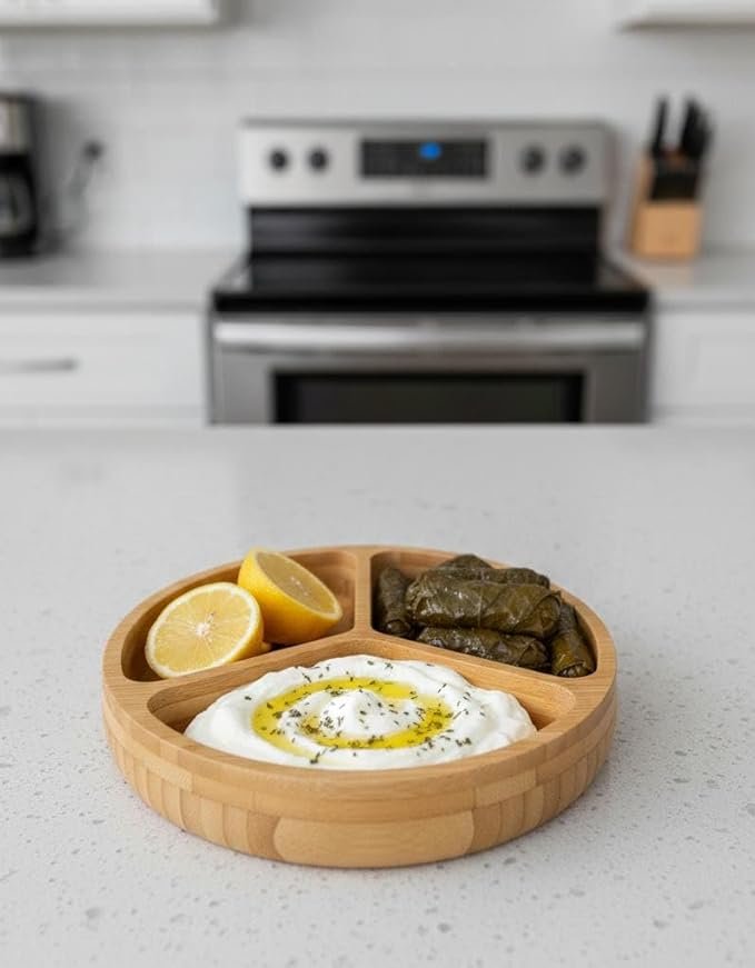 ​Premium Round Bamboo Divided Plate – 3-Compartment Natural Wooden Serving Tray – Eco-Friendly Food Platter for Snacks, Appetizers, and Healthy Meals.