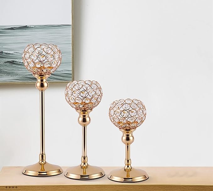 Gold Crystal and Steel 3 Piece Candelabra Set