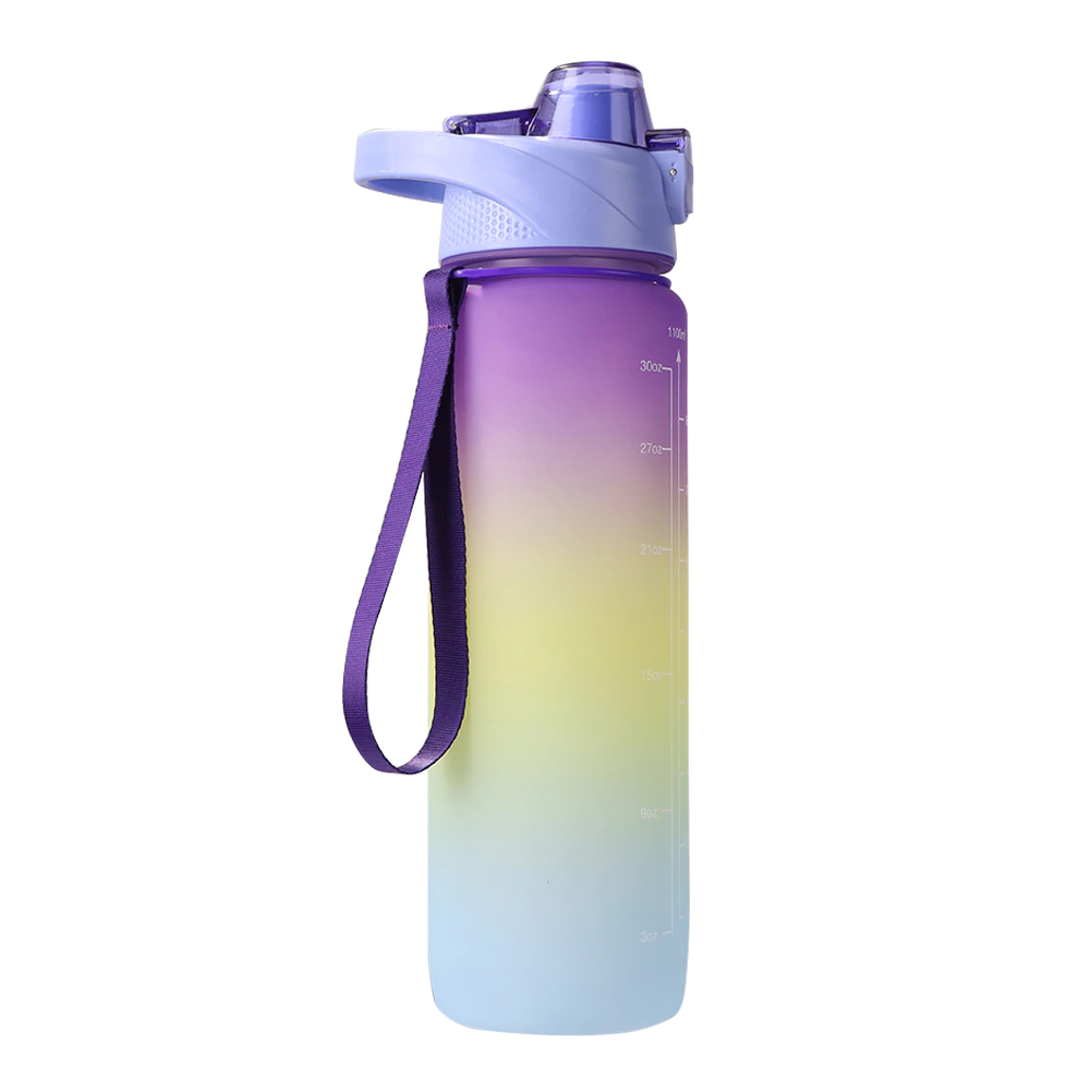 Sports Bottle with Time Marker 1000ml Anti Leak Water Bottle with Flip Top Lid Gradient Color for Outdoor Travel