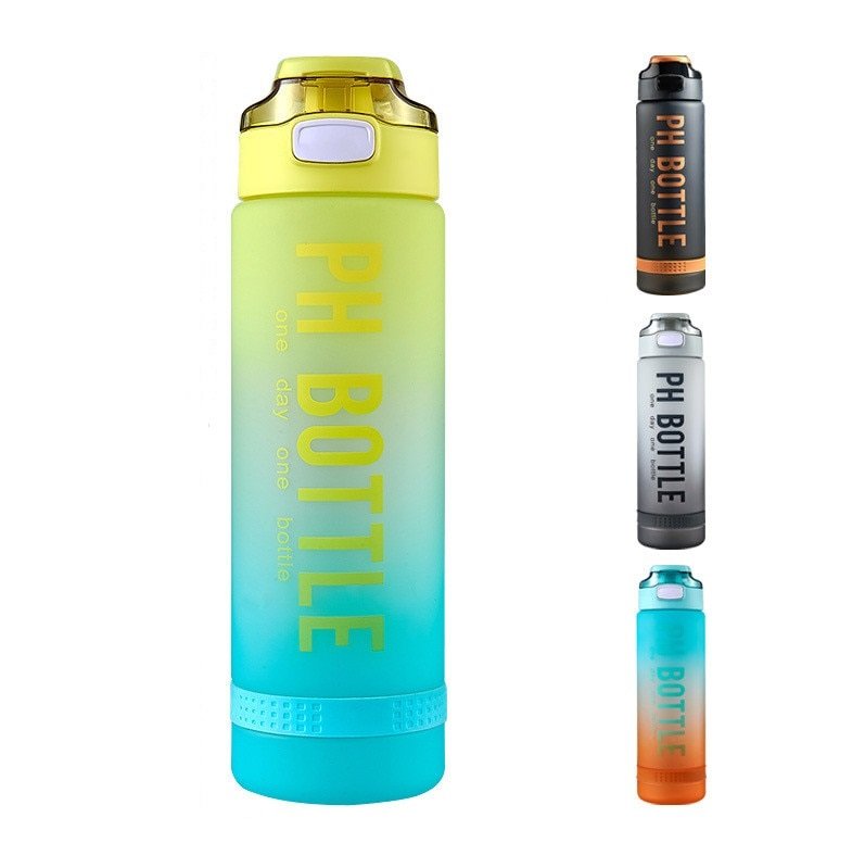 32oz Sports Bottle with Time Marker Flip Top Lid 1000ml Water for Outdoor Travel Leak Proof Safety Lock Jug with Collapsible Handle Ring Reusable Leak Proof Gradient Color