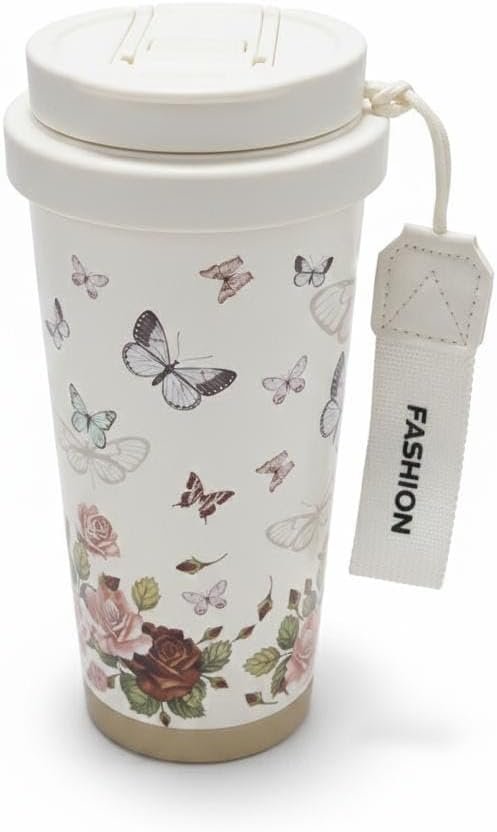 Butterfly Sipper, Stainless Steel Travel Cup with Lid & Strap – Double Wall Insulated Coffee & Tea Tumbler Coffee Mug with Straw for Hot Cold Drinks,Thermos.