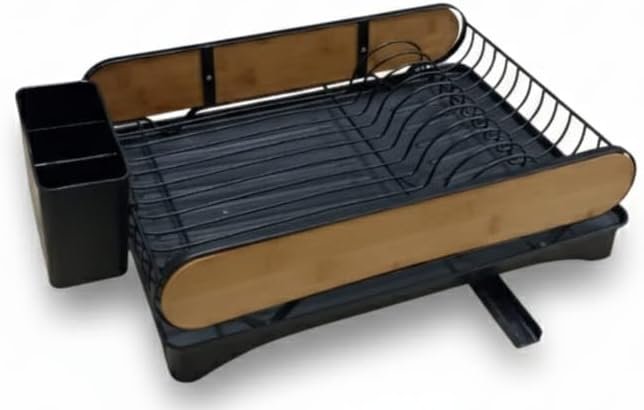 Black Dish Drainer Rack with Bamboo Stylish Design for Kitchen-Metal Dishes Drying Rack with Drip Tray/Cutlery Holder - Draining Board Racks