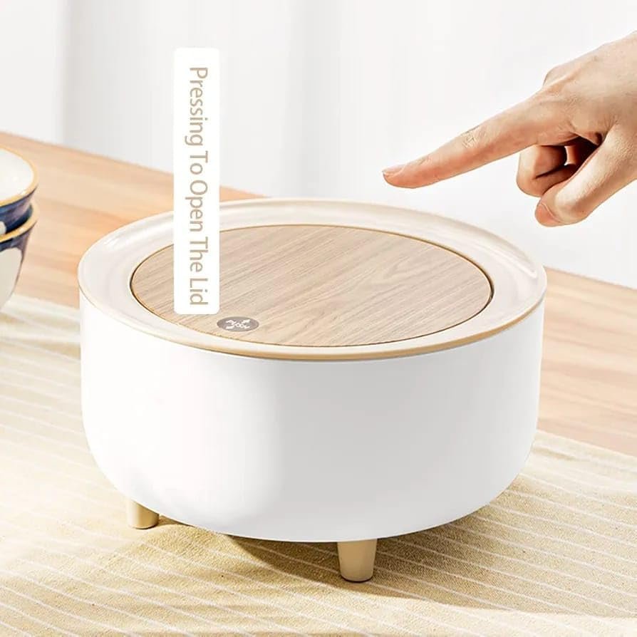 ​Modern Round Desktop Storage Box with Wooden Lid and Legs – Decorative Organizer for Home & Office.