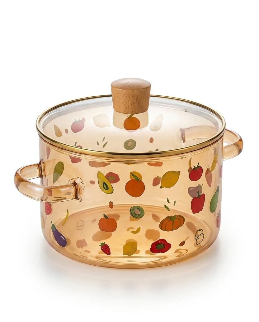 ​High Borosilicate Glass Cooking Pot with Lid & Wooden Knob (1.8L / 1800ml) - Heat-Resistant Clear Stovetop Stockpot with Fruit & Vegetable Print