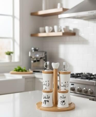 Modern Arabic Calligraphy Oil and Spice Dispenser Set with Rotating Bamboo Base