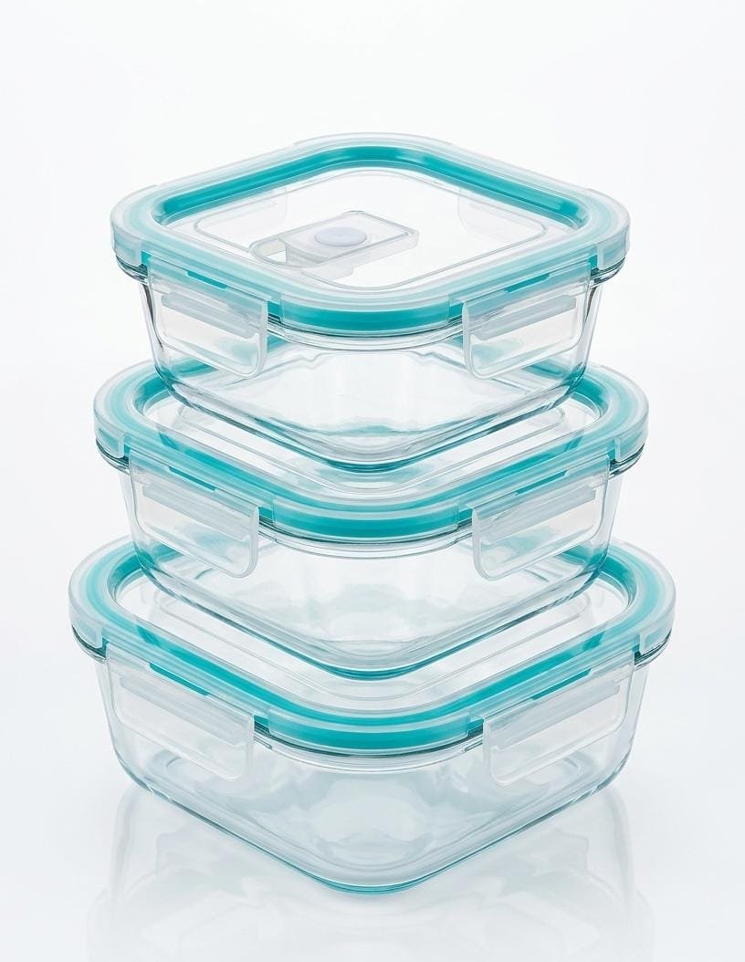 ​Borosilicate Glass Food Storage Containers Set with Airtight Leak-Proof Lids - 3 Pieces Set (Small, Medium, Large), BPA-Free, Microwave & Dishwasher Safe (Square)