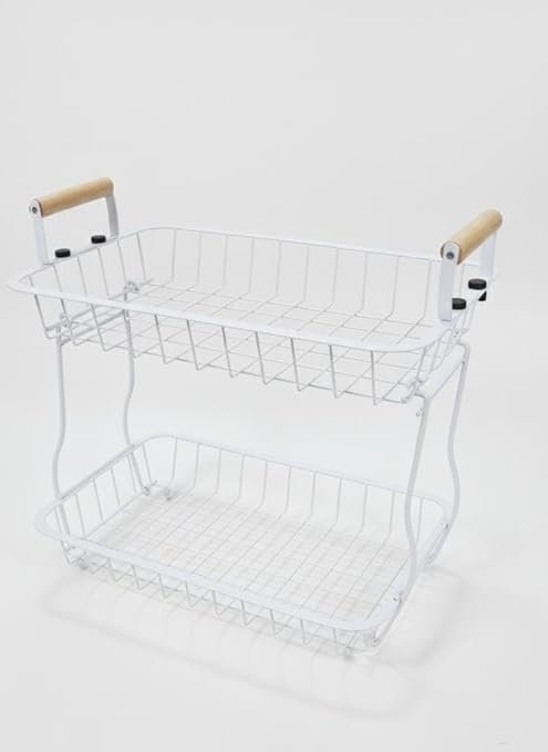 2 Tier Fruit Basket for Kitchen Counter with 2 Banana Hangers, Countertop Metal Bread Basket with Wooden Handle, Large Storage Stand for Vegetables, Snacks, Eggs, Produce Storage