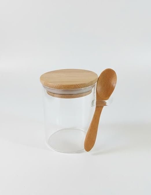 ​200ml Glass Spice Jar with Bamboo Lid and Spoon – Clear Borosilicate Glass– Airtight Wood Cover with Integrated Spoon Holder – Ideal for Sugar, Salt, Coffee, and Seasoning.