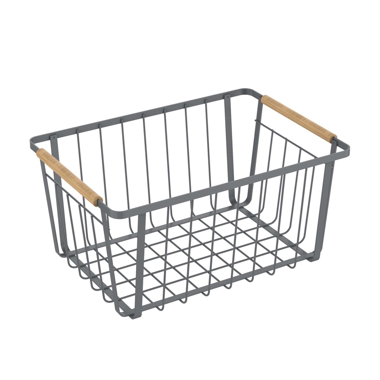 metal wire storage baskets with wooden handles. These types of baskets are often used for organizing items in various rooms of a home, such as the living room, bedroom, or bathroom.
