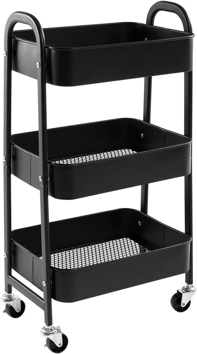 3-Tier Storage Cart Metal Rolling Trolley Cart, Beauty Trolley Kitchen Utility Shelves on Wheels for Bedroom Makeup Bathroom Office