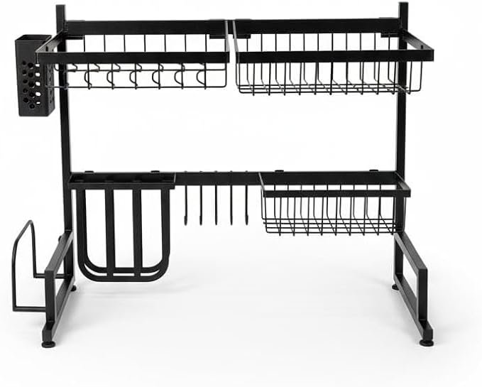 Over Sink Dish Drying Rack Dish Drainer,Premium 304 Stainless Steel Dish Drainer Shelf, With Utensil Holder Hooks, Kitchen Countertop Supplies Storage For Plates Bowls Pots