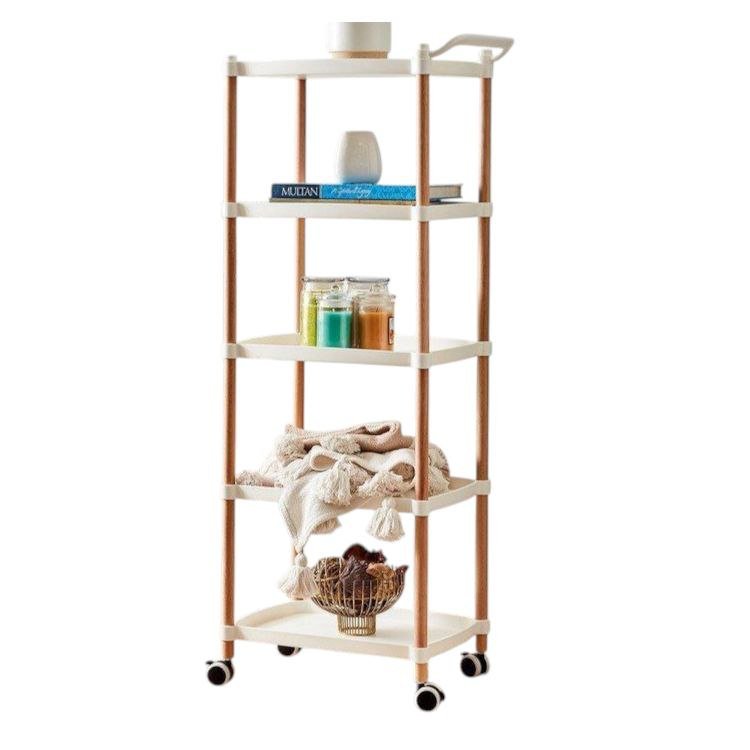 Foyer Rack Plastic Utility Cart, with Handle And Wheels Wooden Legs Storage Table Bedroom Hotel Restaurant Cafe Dining Cart for storage of items in the beauty salon 5 Tier