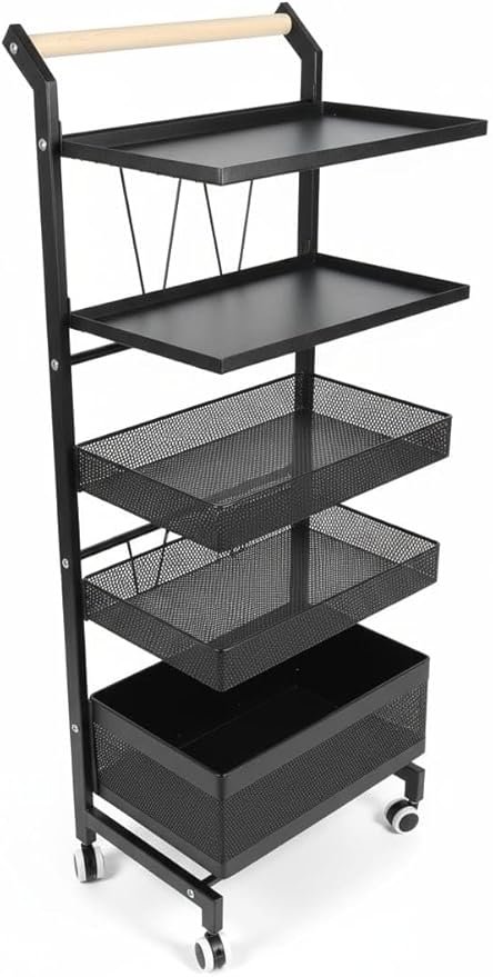 5-Tier Metal Rolling Utility Cart with Locking Wheels and Wooden Handle – Black Multipurpose Storage Organizer Shelf for Kitchen, Bathroom, Office, and Laundry Room.