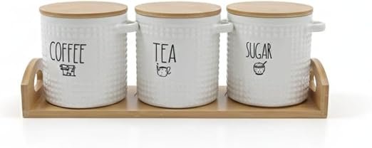 3-Piece Textured Ceramic Coffee, Tea, and Sugar Canister Set with Bamboo Display Tray