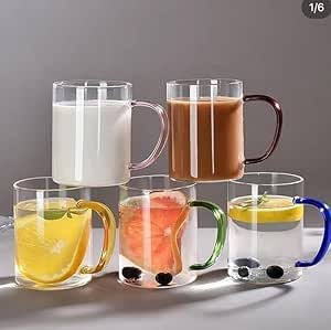 A set of 6 pieces of thermal pyrex glass mug, each mug with a different colored handle