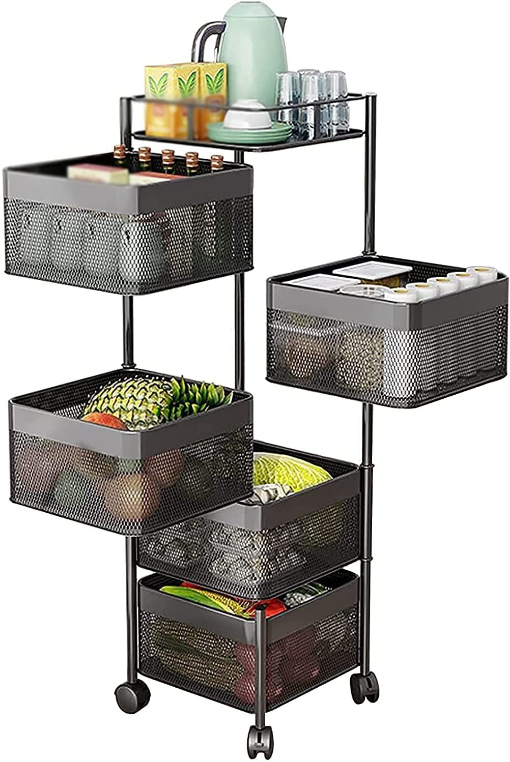 Rotating Storage Rack for Fruits and Vegetables Basket Rotating Rack on Wheels Black Square Home Kitchen Living Shelves with Snack Rack Fruits and Vegetables Rotating Vertical Storage Rack - 5 Tiers
