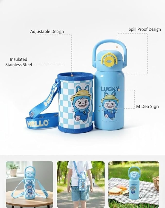 Cute Insulated Stainless Steel Kids Water Bottle with Protective Carrier Sleeve & Adjustable Shoulder Strap – Hot and Cold Thermal Flask for School and Travel –500ml