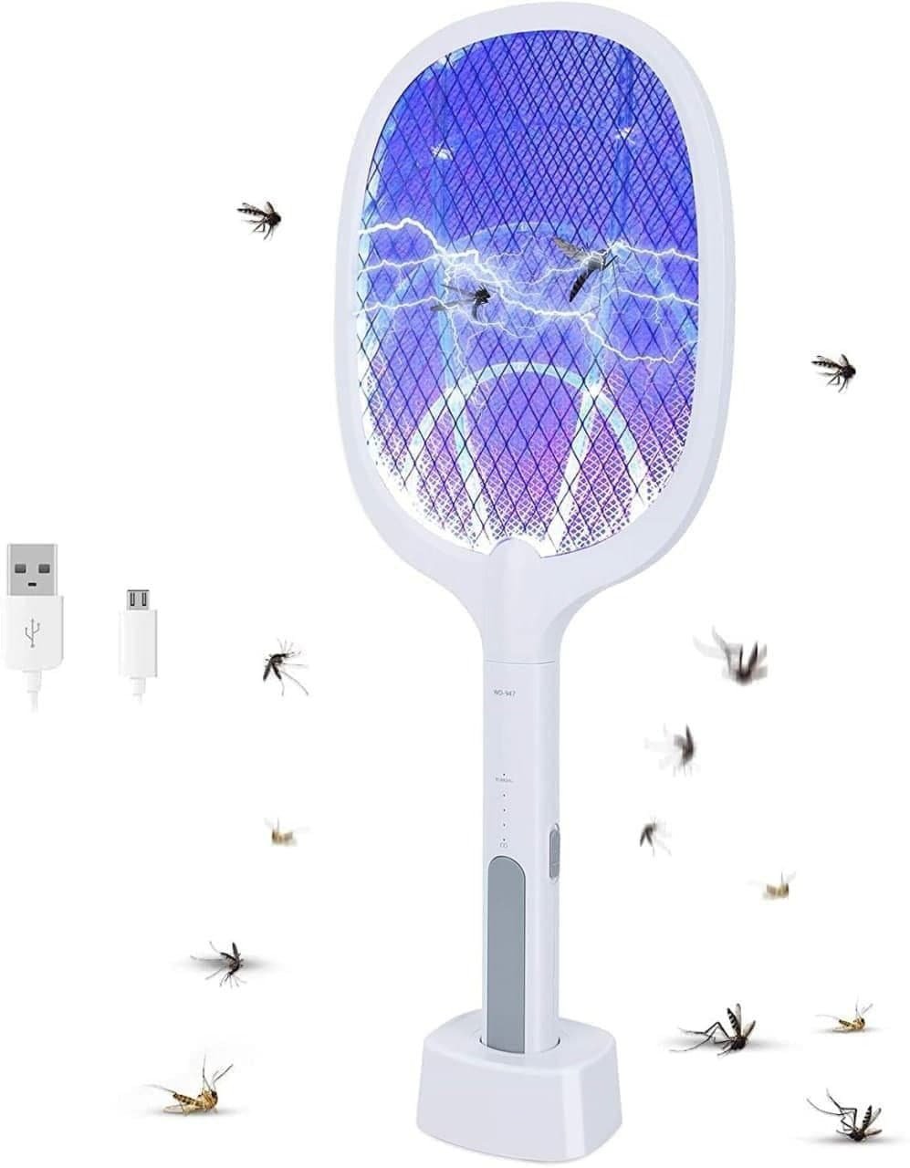 Electric Bug Zapper Racket, Mosquito Killer, Fruit Fly Swatter Zap, Two-In-One USB Rechargeable Electronic Swatter Pest Control, LED Lighting Lamp, 3 Layer Safety Mesh Safe to Touch