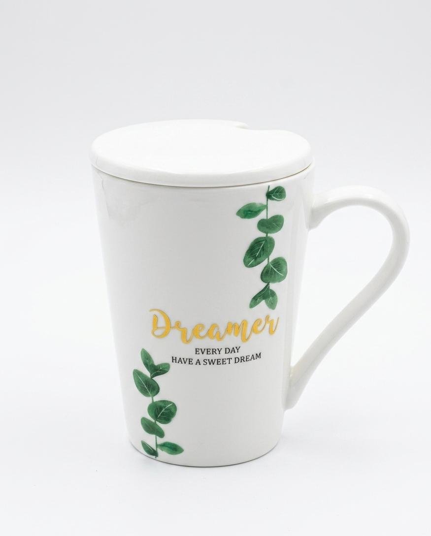 Ceramic Coffee Mug with Lid and Spoon, 300ml Eucalyptus Leaf Print Tea Cup – Premium White Porcelain Mug for Office, Home & Study Desk