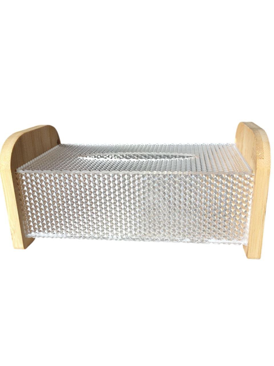 Tissue Box Cover Holder, Clear Acrylic Rectangular Tissues Dispenser Box Dryer Sheet Wet Toilet Paper Tray with Bamboo Wood Lid