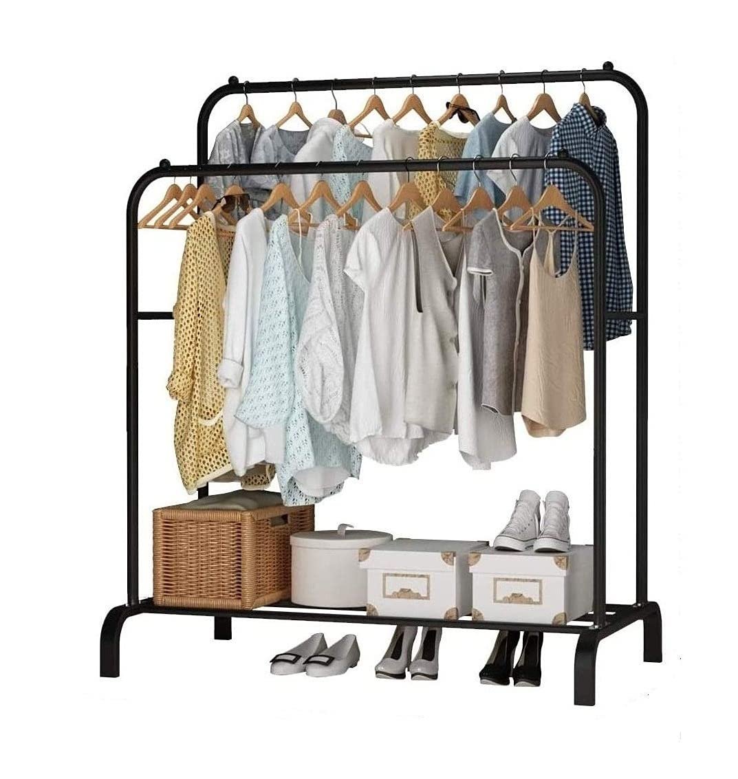 1PC Double Pole Metal Garment Rack Multipurpose Clothes Rack with Bottom Shelf / Coat Jacket Hanger for Home Bedroom Storage Organizer Unique Display Stand