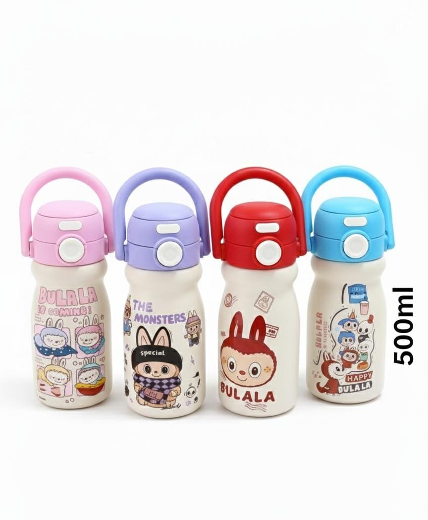 Kids Insulated Water Bottle - 500ml, Stainless Steel Thermal Flasks with Safety Lock and Easy-Carry Handle, Leakproof Push-Button Lid - Cute Rabbit Design for School, Sports, and Travel