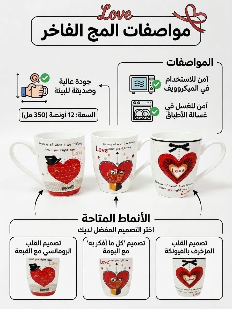 ​Premium Ceramic Coffee Mug with Romantic Heart Designs (12 oz / 350 ml) – Microwave & Dishwasher Safe Mugs for Coffee, Tea, and Hot Drinks – Ideal Romantic Gift