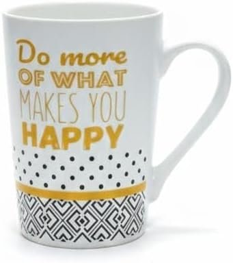 White Porcelain coffee mug with the motivational slogan "Do more of what makes you happy" - modern polka dot design - perfect for tea.