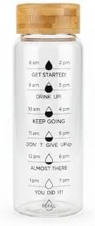 Time-Marked Motivational Glass Water Bottle with Bamboo Lid