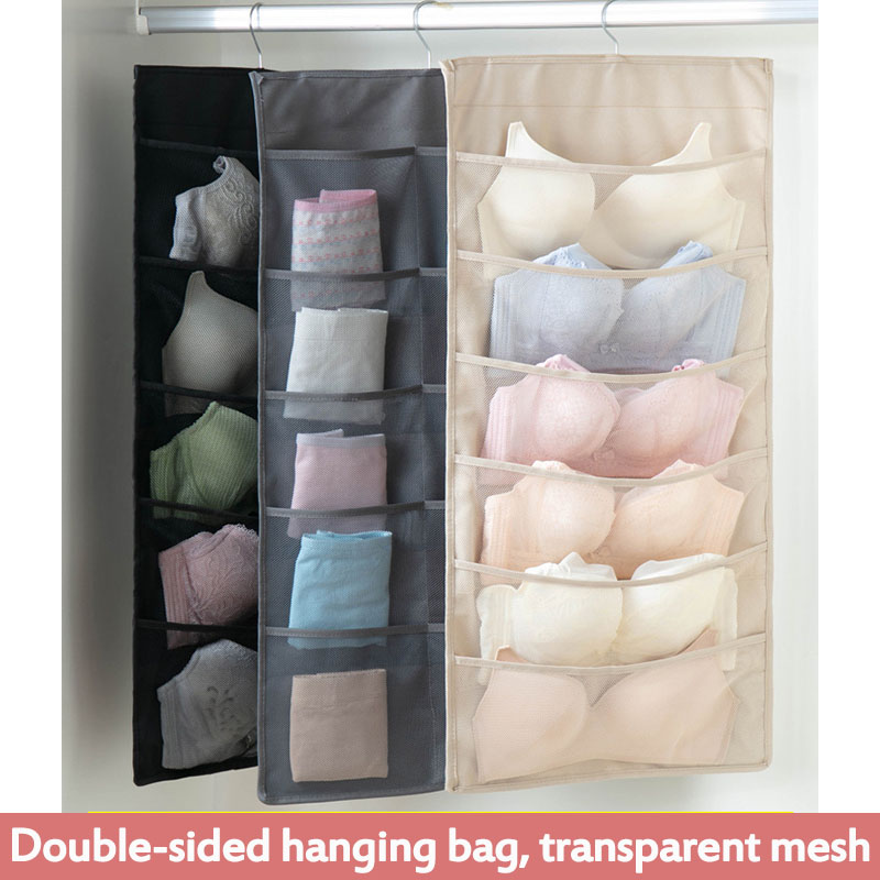 2pack/Beige DSTong Closet Hanging Organizer with Mesh Pockets Rotating Metal Hanger,Double Side Cloth Hanging Shelf Hanging Storage Wardrobe Organiser for Toys Socks and Bra Purses Towels 