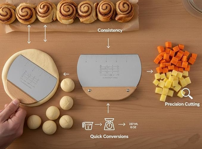 Professional Stainless Steel Dough Scraper and Bench Knife with Ergonomic Wooden Handle.