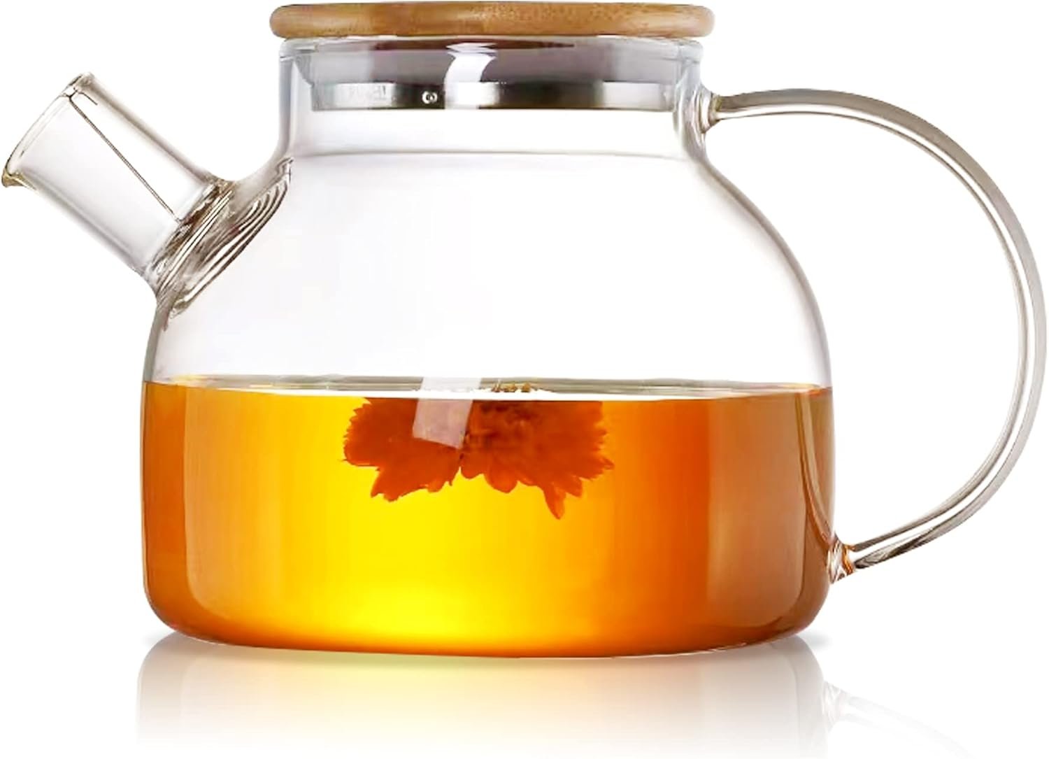 Glass Water Jug, 1 Litre, Heat Resistant Water Jug with Wooden lid, Large Handle, Transparent, 1000 ml