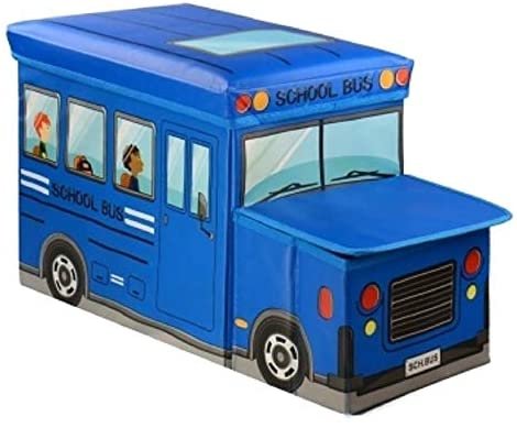 School Bus Shaped Folding Storage Toy Box And Seat For Kids - Multi Color