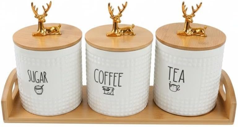 ​Ceramic Coffee, Tea, & Sugar Canister Set with Golden Deer Handles – 3-Piece Embossed Storage Jars with Bamboo Lids and Wooden Tray – Modern Luxury Kitchen Organizer.