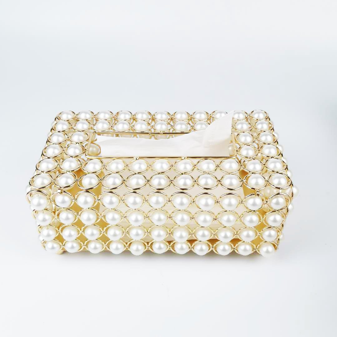 Beads tissue box for home decoration bead rectangular metal plated crystal bead tissue box