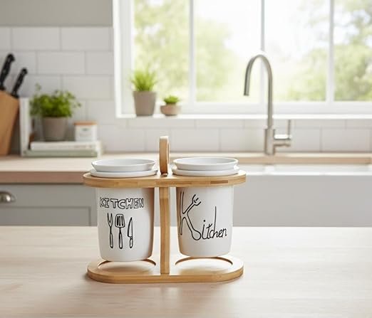 Eco Friendly Dual Jar Kitchen Organizer Portable Ceramic Cutlery with Sustainable Bamboo Carrying Stand