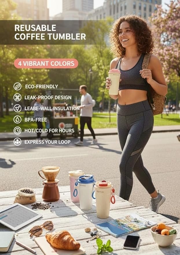 Aesthetic Ribbed Travel Coffee Tumblers Insulated Reusable Mug with Carrying Clip | Secure Lids for Commute Set for Hot & Cold Drinks.