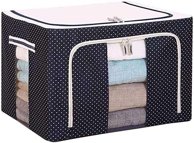 1Pc Stackable Storage Box Polka Dots Oxford Cloth Steel Frame Shelf Quilt Clothing Blanket Pillow Shoe Holder Container Organizer See-through Window double zipper Folding (66L)