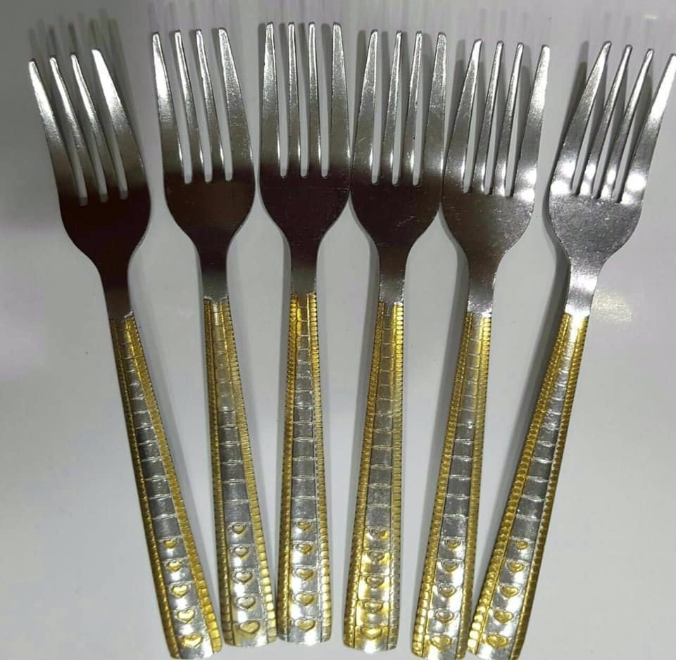 Stainless Steel Cutlery Set 6Pieces - Silver w gold (Big fork)
