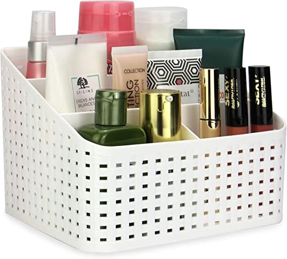 Storage Basket Plastic Cosmetic Storage Box Makeup Dressing Table Organizer Versatile Sorting Box Makeup Storage with 5 Compartments for Desks Bathroom Kitchen
