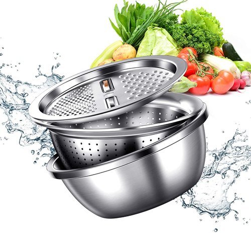Stainless Steel Drain Basket Vegetable Cutter, 3 in 1 Multifunctional Bowls Set, Salad Maker Bowl, Vegetable Chopper, Drain Basket, Fruit Vegetable Bracket Drain Basin Grater Basin Kitchen Tools (26cm