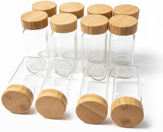 ​12-Piece Glass Spice Jars Set with Bamboo Lids – 100Ml Square Spice Containers – Airtight Silicone Seal – High Glass Organizers for Kitchen & Pantry Storage.