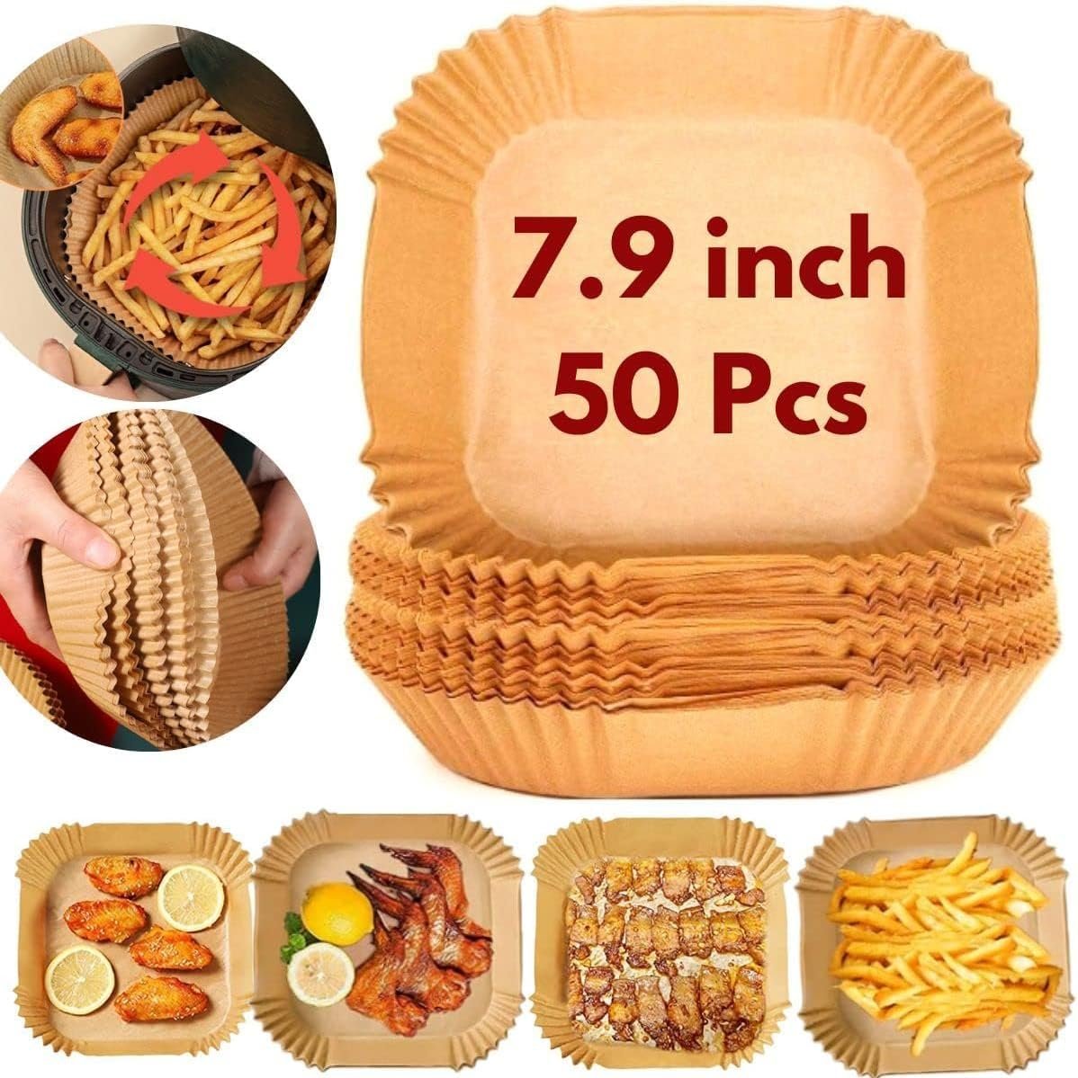 Air Fryer Baking Paper 20cm Pack of 50 Square Baking Sheets Waterproof Oilproof Non-Porous Non-Stick Disposable for Air Fryer Oven Microwave
