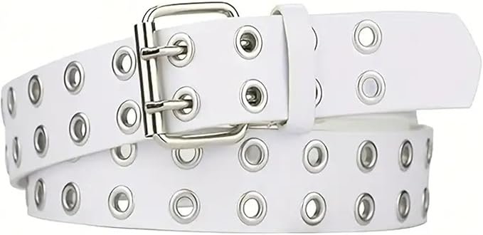 Leather Belt Double Row with Silver Grommet Holes & Buckle