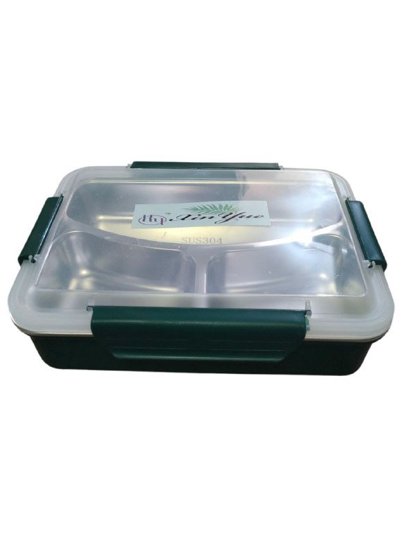 3 Compartment Insulated Stainless Steel Lunch Box with Wooden Lid and Tiffin Box for Boys Girls School Office