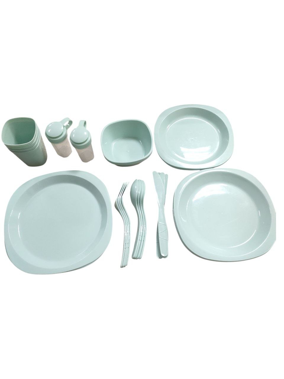 Camping Tableware 35Piece Set 4 Plates big, 4 small.4 medium.4 Forks, 4 Cups, 2 Salt, 4 Knives .4 spoon
