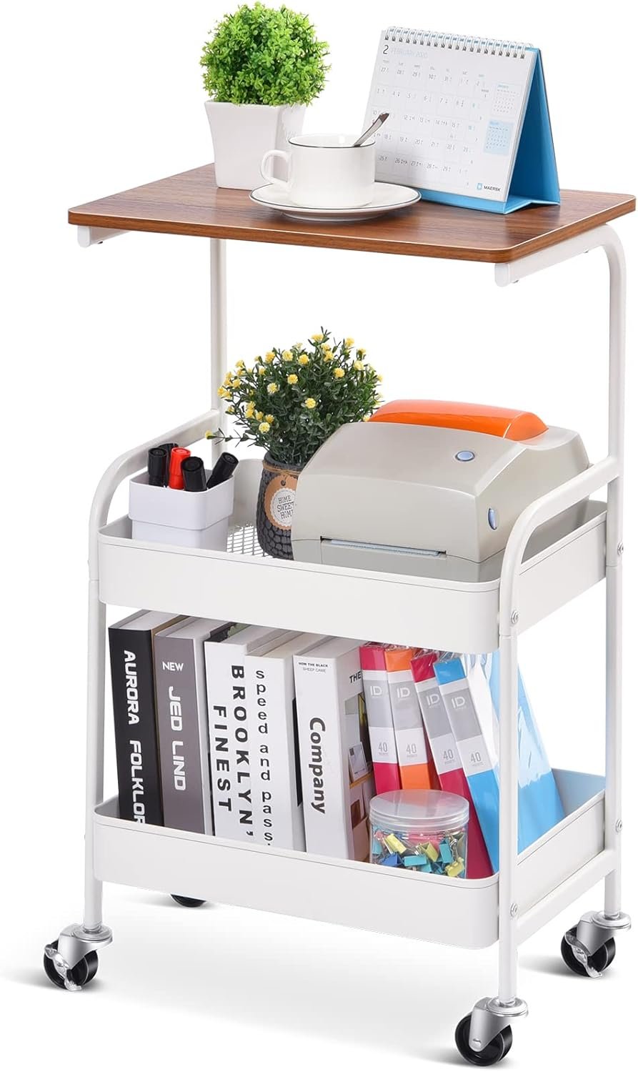 Utility Cart with Wooden Table Top, 3-Tier Metal Rolling Storage Cart, Black Trolley Kitchen Organizer Rolling Desk with Locking Wheels for Office, Classroom, Home