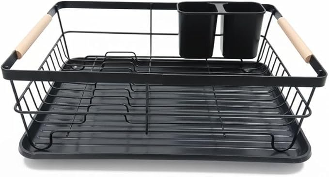 Black Dish Drainer Rack Draining Board Rack Dish Rack with Removable Drip Tray, Sink Drainer Rack for Kitchen with Removable Cutlery Holder Wooden Handles