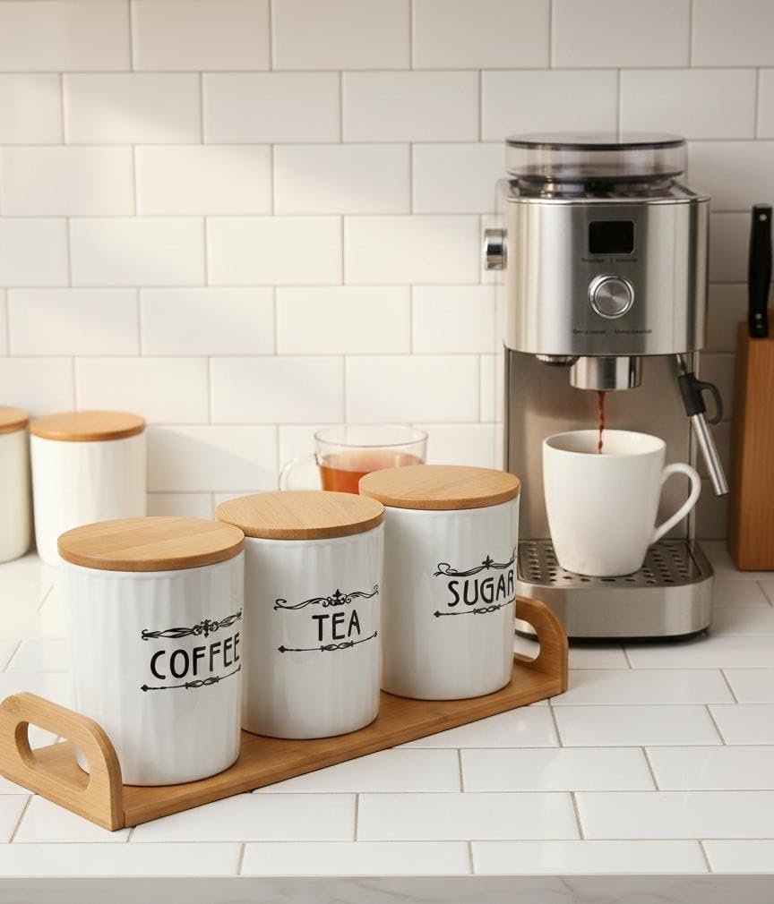 Premium 3-Piece Ceramic Kitchen Canister Set – Airtight Coffee, Tea, & Sugar Storage Jars with Lids and Serving Tray