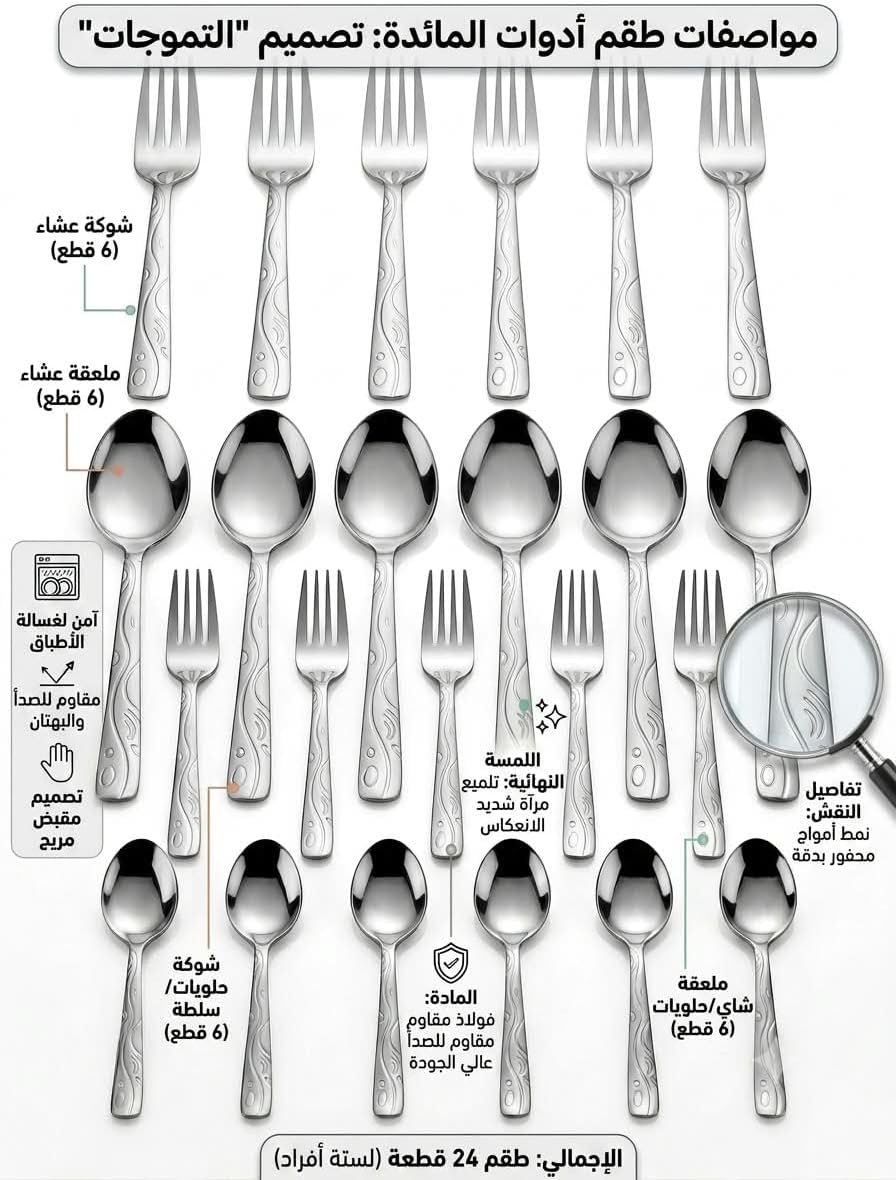 ​24-Piece Stainless Steel Cutlery Set for 6, Wave Engraved Flatware Set with Mirror Finish, Includes Dinner Spoons, Forks, Teaspoons & Dessert Forks